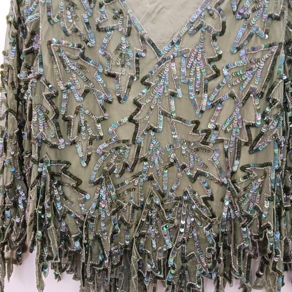 Maharaj Evening Sequin Silk Blouse V Neck Size Small Vintage Green - Picture 2 of 7